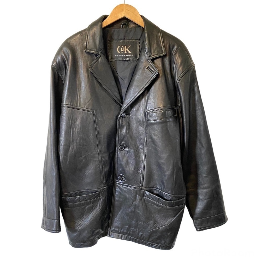 Vintage Black Leather Jacket Button Up CLIK Western Blazer Style Mens Large